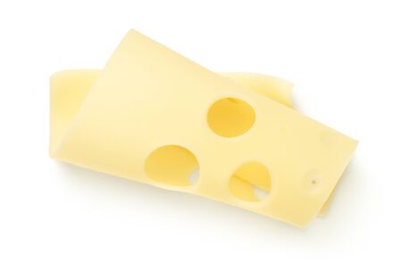 Emmentaler cheese slice isolated on white background. Top view, flat layの写真素材