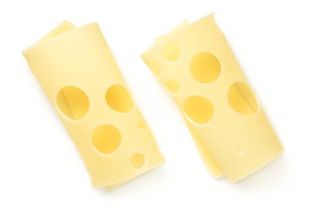 Emmentaler cheese slices isolated on white background. Top view, flat layの写真素材