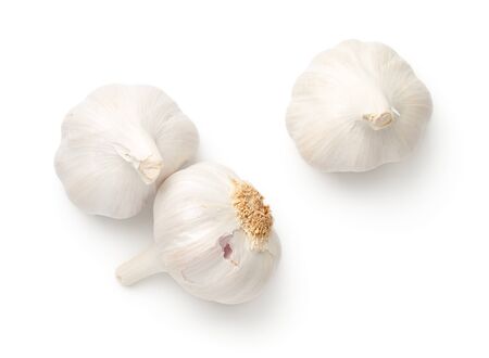 Garlic isolated on white background. Top view, flat layの写真素材
