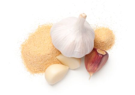 Garlic whole, cloves and powder isolated on white background. Top view. Flat layの写真素材
