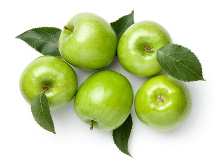 Granny smith apples with leaves isolated on white background. Green apple. Flat lay. Top viewの写真素材