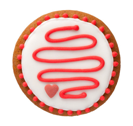 Christmas gingerbread cookie in shape of circle isolated on white backgroundの写真素材
