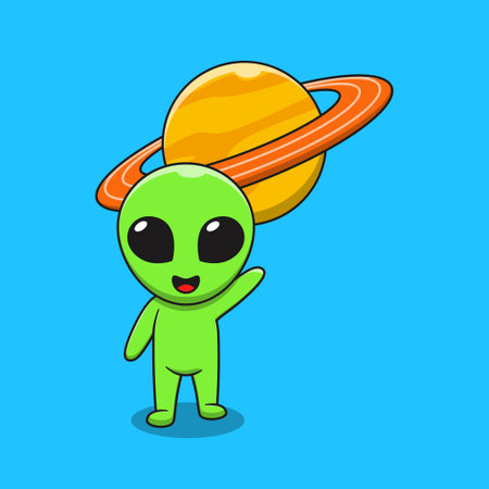 aliens are greeting with the planet Saturn. Flat cartoon style suitable for web landing page, banner, flyer, sticker, card, children books and etc.のイラスト素材