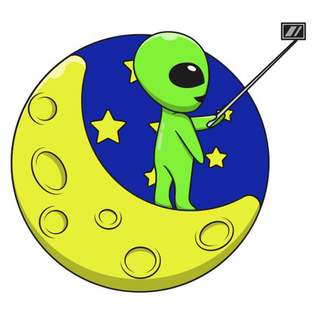 Cartoon aliens taking pictures on the moon. Flat cartoon style suitable for web landing page, banner, flyer, sticker, card, children books and etc.のイラスト素材