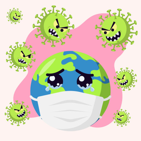 the earth cries attacked by the corona virus. Flat cartoon style suitable for web landing page, banner, flyer, sticker, card, children books and etc.のイラスト素材