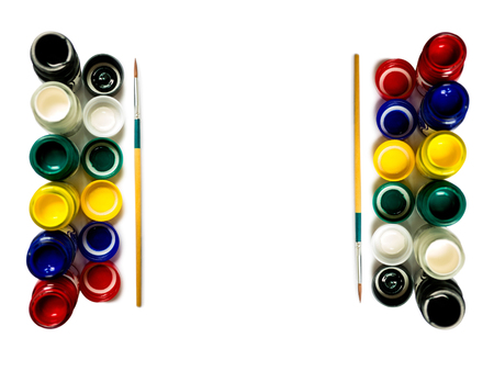colorful of bottles poster color and paintbrushの写真素材