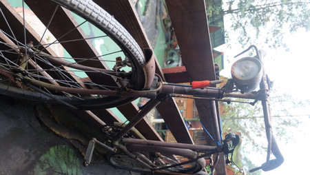 Old and vintage Bicycle in garden, Bicycles were damaged.の写真素材