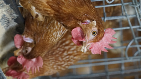 close-up of a layer chickens in a cage poultry farmの写真素材