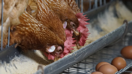 close-up of a layer chickens in a cage poultry farmの写真素材