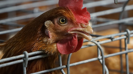 close-up of a layer chickens in a cage poultry farmの写真素材