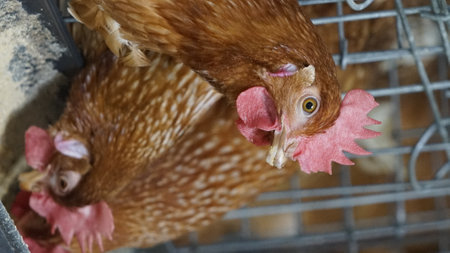 close-up of a layer chickens in a cage poultry farmの写真素材