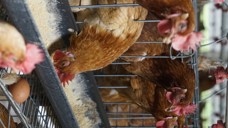 close-up of a layer chickens in a cage poultry farmの写真素材