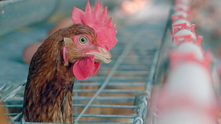 close up chicken in the layer farm,chicken in the chicken coopの写真素材