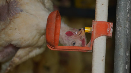 Close up of a chicken eating food from a feeder in a farmの写真素材