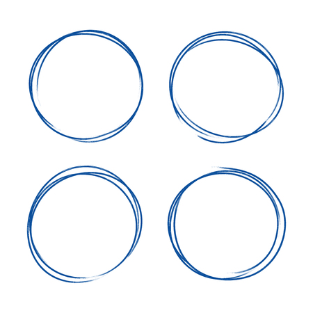 Set of hand drawn grunge style dark blue vintage ball pen scribbles on white paper background. Text logo or icons selection abstract frame concept.のイラスト素材