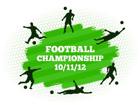 Soccer football stadium field with player silhouettes set on green grass flat background. Poster template illustration. Championship cup modern isolated vector design concept.のイラスト素材