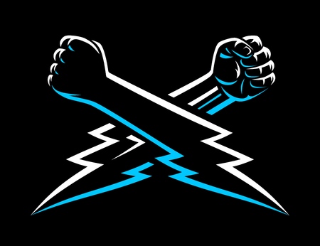 Mma wrestling clenched male fists and hands. Fighters arm poster fight night concept template. Power lightning bolt shaped brush drawn logo sign isolated on dark background.のイラスト素材