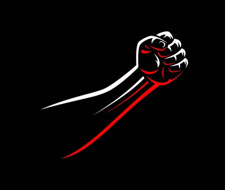 Vector clenched fists male hand fight MMA, wrestling, kick boxing, karate sport night cage show illustration on dark backgroundのイラスト素材