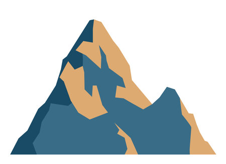 Top mountain peaks vector blue silhouette illustration. Outdoor isolated cold sun landscape icon element. Nature travel, climbing, camping, tourism, hiking hills poster design badge.のイラスト素材