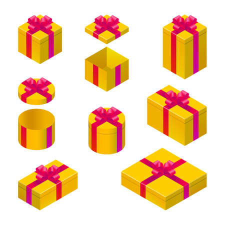 Yellow gift box red ribbon icon set color vector logo 3d isometric perspective. Isolated realistic wrapped bow giftbox on white background. Celebration birthday holidays date present concept designのイラスト素材