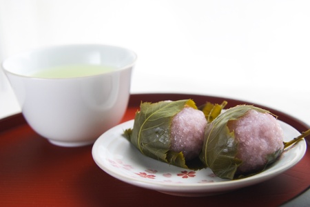 Japanese sweet,sakura-mochi,Japanese teaの写真素材