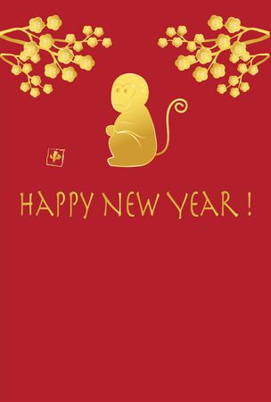 Illustration of New Year's postcard of gold stamping style monkey and plumのイラスト素材