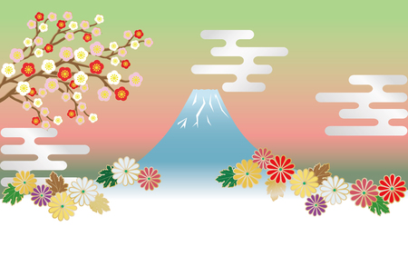 Japanese image combining Japanese pattern, Mt. Fuji and chrysanthemum flowers.のイラスト素材