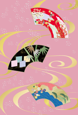 Three hand fans and water pattern.のイラスト素材