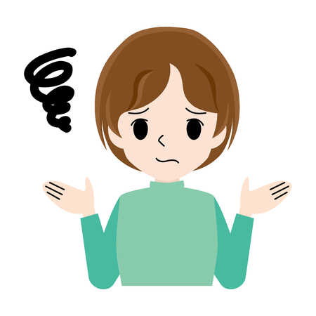 illustration of a young lady raising his hands with a troubled face.のイラスト素材
