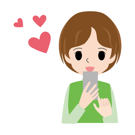 Illustration of a woman who uses a smartphone with a happy face.のイラスト素材