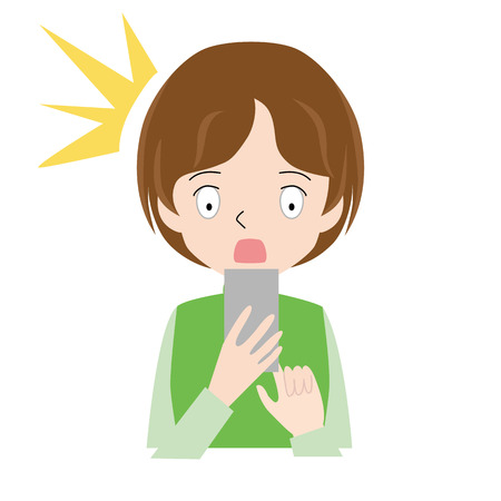 Illustration of a woman who uses a smartphone with a surprised face.のイラスト素材