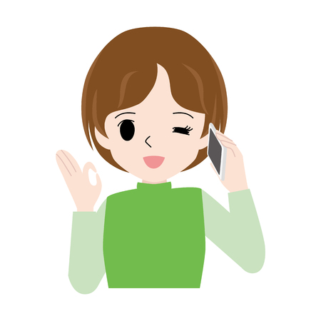 Illustration of a woman talking on a smartphone while giving an okay sign.のイラスト素材