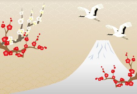 Illustration of New Year's image with plum tree and crane, silver Mt. Fuji and Japanese pattern in the background.のイラスト素材