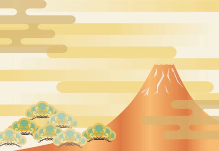 Illustration of New Year's image with pine, clouds, Mt. Fuji and Japanese pattern gradation.のイラスト素材