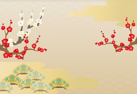 Illustration of New Year's card image with plum tree, pine and clouds, Japanese pattern background.のイラスト素材