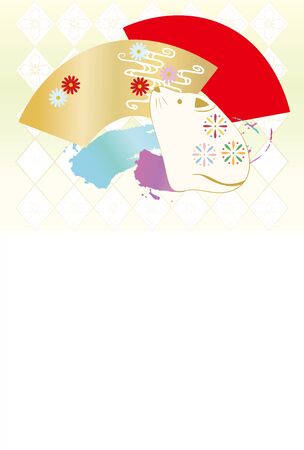 New Year's card illustration with a mouse doll and fan in Japanese patterns.のイラスト素材