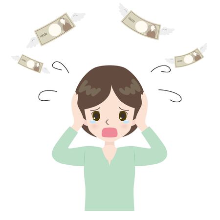 Illustration of a woman who became a crying face with flying money.のイラスト素材