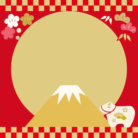 banner image for the ox year with Mt. Fuji, the sun and the Japanese pattern in the background.のイラスト素材