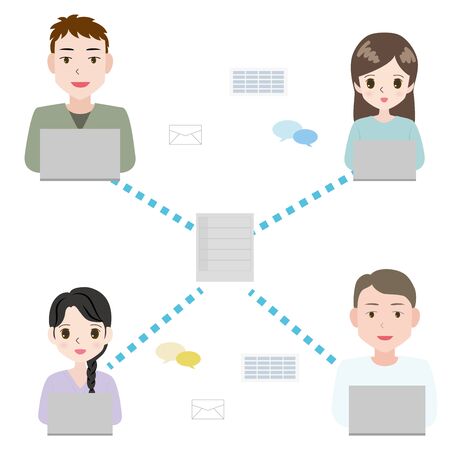 Illustration of men and women working through the server.のイラスト素材