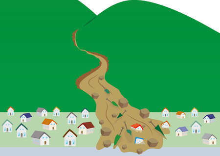 illustration in which a debris flow is happening and houses are being washed away.のイラスト素材