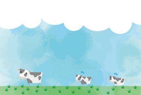 New Year's card illustration of a parent and child Holstein cow walking through a pasture.のイラスト素材