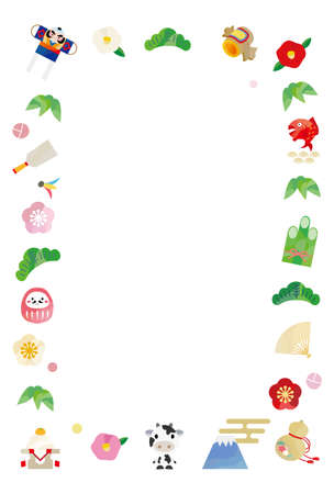 New Year's card illustration with a cow and a lucky charm icon in a frame shape.のイラスト素材
