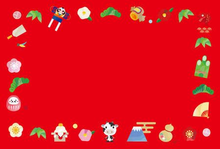 New Year's card illustration with a cow and a lucky charm icon in a frame shape.のイラスト素材