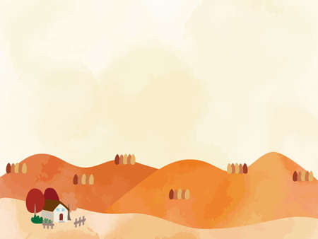 Landscape illustration of autumn mountains and houses.のイラスト素材