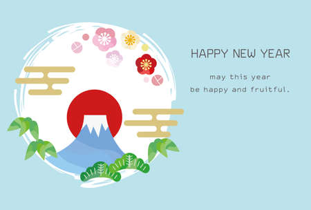 New Year's card illustration of pine, plum, bamboo wreath and Mt. Fuji.のイラスト素材