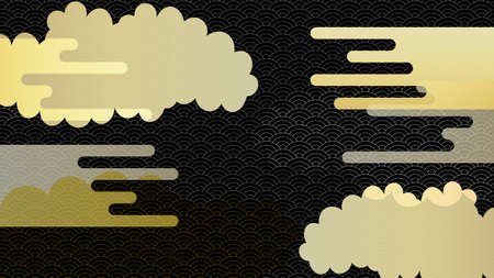 Background illustration of a continuous pattern of seigaiha with multiple clouds arranged.Black...