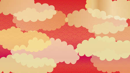 Background illustration of a continuous pattern of seigaiha with multiple clouds arranged.Red version.のイラスト素材