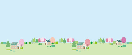 Countryside landscape illustration with pink flowers and trees.のイラスト素材