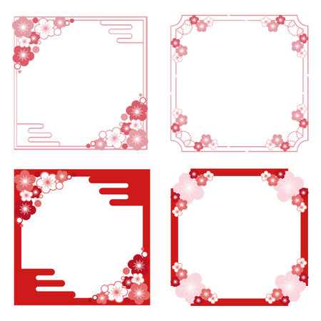 Illustration of a frame set of four kinds of plum blossoms.のイラスト素材