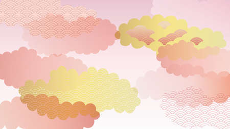 Illustration of pink and red background with clouds and Japanese pattern.のイラスト素材